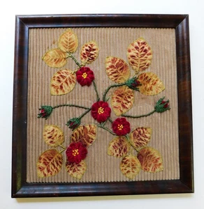 Vintage Antique Trapunto Velvet Flowers Leaves Embroidery Framed - Picture 1 of 3