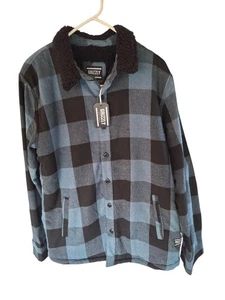 Grizzly Knopfleiste Jacke Herren Large Blau Baumwollmischung Karo Fleece Gefüttert Neu - Bild 1 von 4