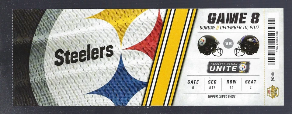 BEN ROETHLISBERGER 506 YARDS 2017 NFL RAVENS @ PITTSBURGH STEELERS FULL TICKET  Foto 1 de 1