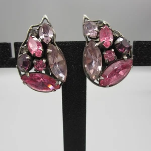 Vintage Earrings Pink Purple Rhinestone Clip On Pinwheel Leaf Art Glass Costume - Picture 1 of 6