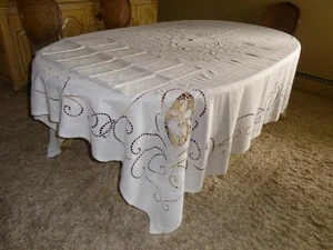 VTG H EMBROIDERY CUTWORK LACE W NEEDLELACE INSERTS LINEN TABLECLOTH 12 NAPKINS - Picture 1 of 16