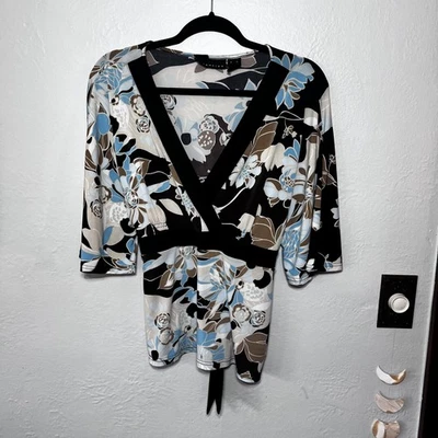 Attention Floral Wrap Top Womens XL Y2K Wide Asian 3/4 Sleeve Blouse Tie Back - Image 1 of 4