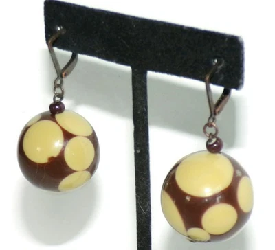 Sobral Bolas Bolinha Brown & Olive Green Polka Dots Artist Made Dangle Earrings - Image 1 of 4