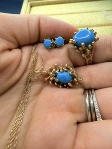 14k Turquoise Set Of Studs , Earrings And Necklace - Picture 1 of 1