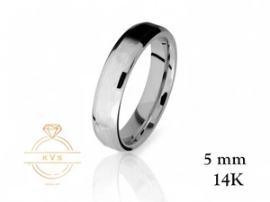 14K White Gold 5mm Beveled Edge Wedding Band Ring - Comfort Fit Hammered Finish - Picture 1 of 9