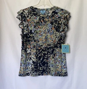 NWT Cece Women's Short Ruffle-Sleeve Floral Print Top US/M Navy Multi $59 - Picture 1 of 3