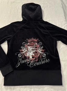 Juicy Couture Y2k Black Velour Hooded Zip Jacket Crest Scottie Dog rhinestone XL - Picture 1 of 8