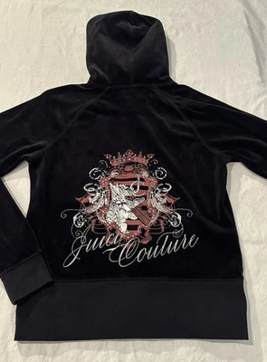 Juicy Couture Y2k Black Velour Hooded Zip Jacket Crest Scottie Dog rhinestone XL - Image 1 of 4