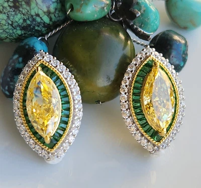 925 Sterling Silver 4CT Created Canary Sapphire Stud 1'' Earrings Big Post - Image 1 of 2