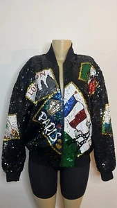 Vintage 90s I.B. Diffusion Colorful Sequin European Destination Theme Jacket - Picture 1 of 7