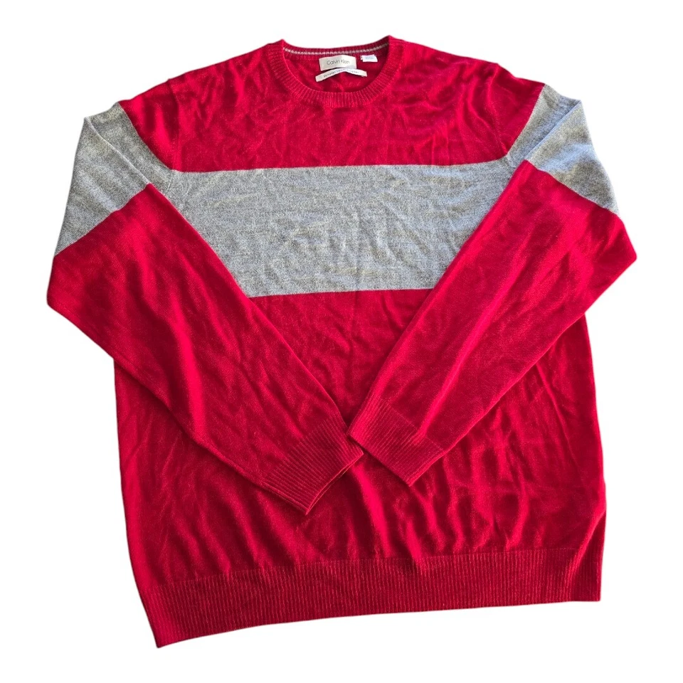Calvin Klein Wool Blend Sweater Red Scarlet Gray Size XL Striped Cozy - Image 1 of 1
