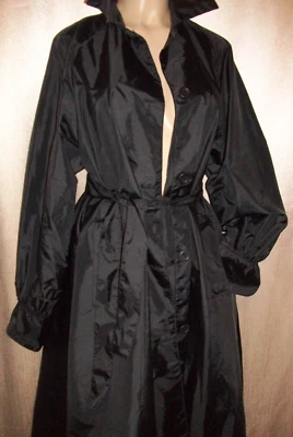 Vtg Black Nylon Long Hooded Rain Trench Coat Duster Belt S - Image 1 of 4