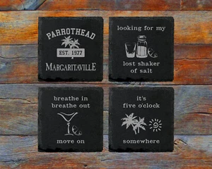 Jimmy Buffett Parrothead Margaritaville 5 O'Clock Somewhere 4 Slate Coaster Set - Picture 1 of 3