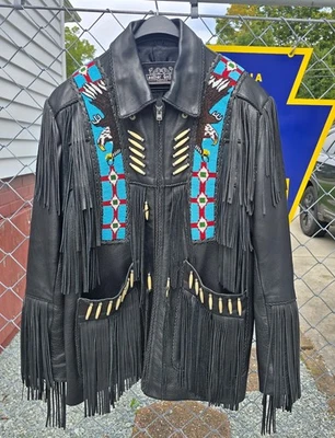 Chaqueta de águila con flecos de cuero negra Galería grande para hombre Southwest Foto 1 de 4