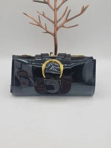 Cartera clutch muñeca PVC negra con cierre de beso y bolsillos con cremallera hecha a mano vintage - Imagen 1 de 16