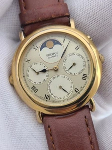 Vintage SEIKO 7F38-6140 Moon Phase Calender Quartz Men's Watch Lot #32 - Picture 1 of 14