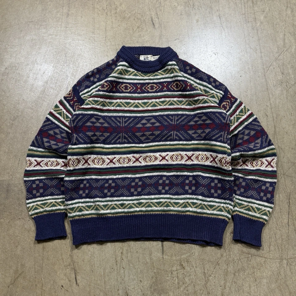 Van Heusen Sweater Chunky Cable Knit Mens Size Medium Geometric 90s USA MADE - Image 1 of 4