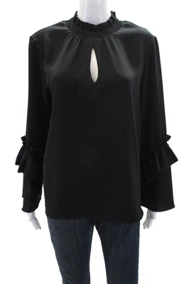 Blusa Drew para mujer con cuello alto ajustada manga larga con volantes negra lisa talla M Foto 1 de 4