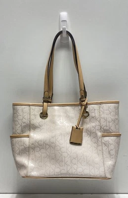 Calvin Klein Women's Tan Logo Print Coated Canvas Tote CK Monogram Large Purse - Image 1 of 4