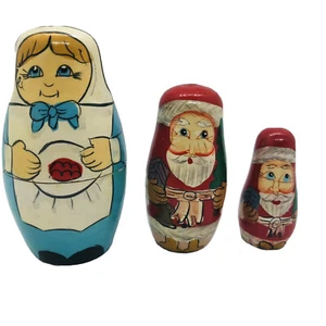 Santa Claus Pilgrim WOOD Hand painted NESTING DOLL 3 PCS # Vintage - Picture 1 of 8