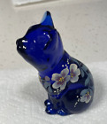 Vintage Hand Painted Cobalt Glass Cat Figurine with painted floral in sky blue 