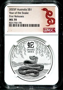 2025-P $1 Australia Year of Snake Silver Dollar - NGC MS 70 First Releases BS189 - Picture 1 of 2