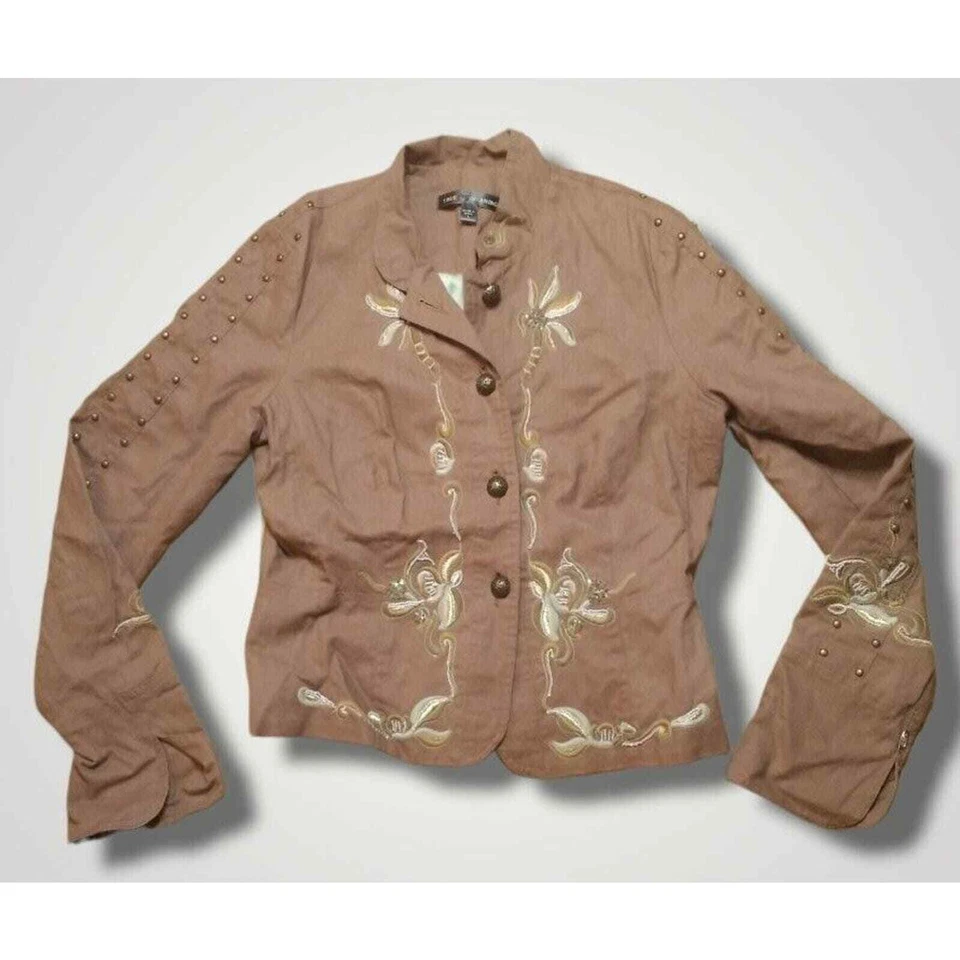Chaqueta True Meaning Mezcla de Lino Floral Bordada Tostada Talla Pequeña Foto 1 de 4