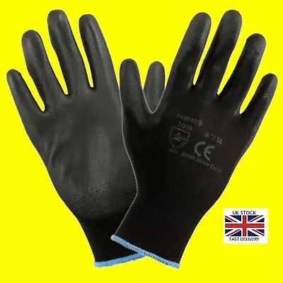 1,12 Or 24 Pairs  Black Nylon PU Safety Work Gloves Builders Grip Gardening • 14.49£