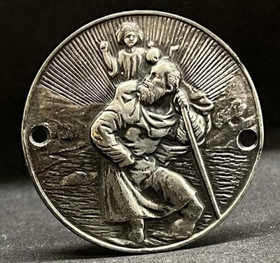 Италия 1930' старинный католический автомобильный значок Святого Христофора с младенцем Иисусом, серебро - Изображение 1 из 4