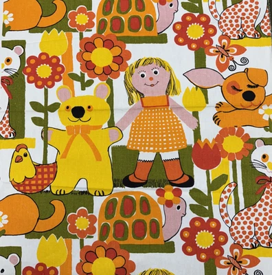 Vintage 70s Kids Cotton Canvas Decor Fabric Remnant Orange Green Gold #31 - Image 1 of 4