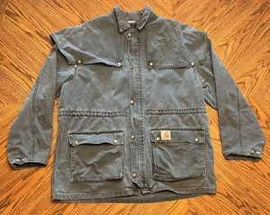 Vintage Carhartt Union Made Flannel Lined Green Chore Duster Jacket Sz L - Picture 1 of 16