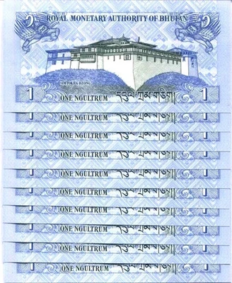 BHUTAN 1 NGULTRUM P-27 2013 X 10 Pcs Lot BUNDLE DRAGON UNC MONEY PACK BANK NOTE - Image 1 of 4