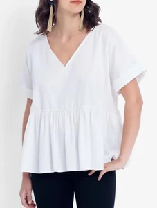 Elk White Organic Cotton Karis Top Blouse Size 10 Relaxed V Neck Short Sleeve - Picture 1 of 10