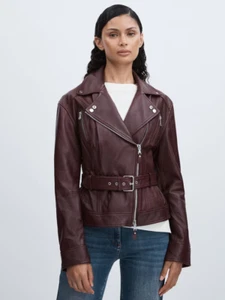 REISS PAIGE Cento Jacket Paige Leather Belted Moto Jacket in Dark Oxblood - Picture 1 of 4