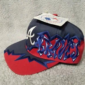 VINTAGE Atlanta Braves Hat Cap Snap Back Blue Red Shockwave Shatter MLB 90s - Picture 1 of 23