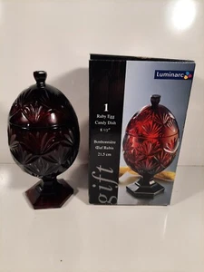 Vtg Luminarc Ruby Red Glass Egg Shaped Candy Dish NEW IN BOX - Picture 1 of 4