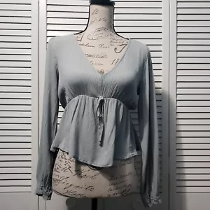 Hippie Rose Babydoll Top Women's XS Dusty Olive Green Long Sleeve V-Neck Blouse - Picture 1 of 10