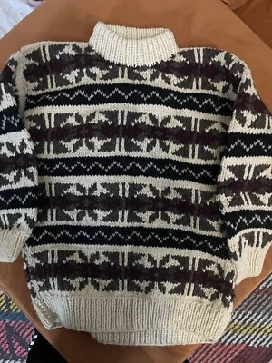 Suéter Vintage Tejido a Mano Crema Borgoña, Negro Grueso Lana Invierno Suéter #029 Foto 1 de 4