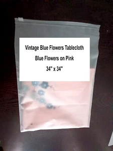 Vintage Blue Flowers Tablecloth - Pink Background - 34" x 34" - Picture 1 of 8