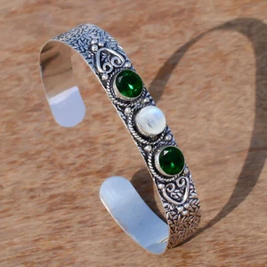 Chrome Diopside & Moonstone Gemstone 925 Sterling Silver Cuff Girl's Gift Bangle - Picture 1 of 6