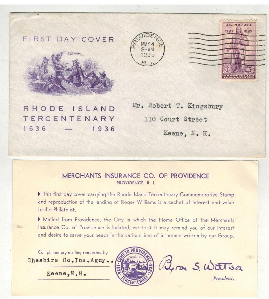 1936 RHODE ISLAND 300th 777-34 R.I. INSURANCE CO VARIETY CARD CHESHIRE INS. AGCY - Image 1 of 1