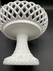 FENTON LATTICE LACE EDGE MILK GLASS PEDESTAL FRUIT BOWL 7”T X 83/4”R - Picture 1 of 4