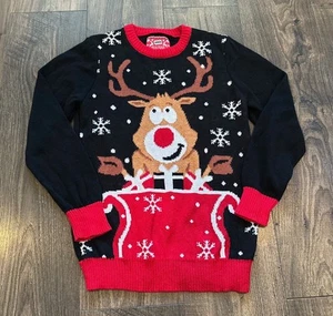 GUC Hybrid Unisex Kid's Red Black Reindeer Christmas Holiday Ugly Sweater M 8/10 - Picture 1 of 7