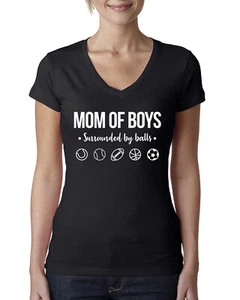 Mom of Boys Surrounded by Balls Women Junior V-Neck Tee - Picture 1 of 11