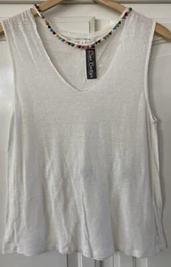 HONEY PUNCH White Sleeveless Raw Edge Neckline w/ Pom-Pom Trim T-Shirt Women's S - Picture 1 of 7