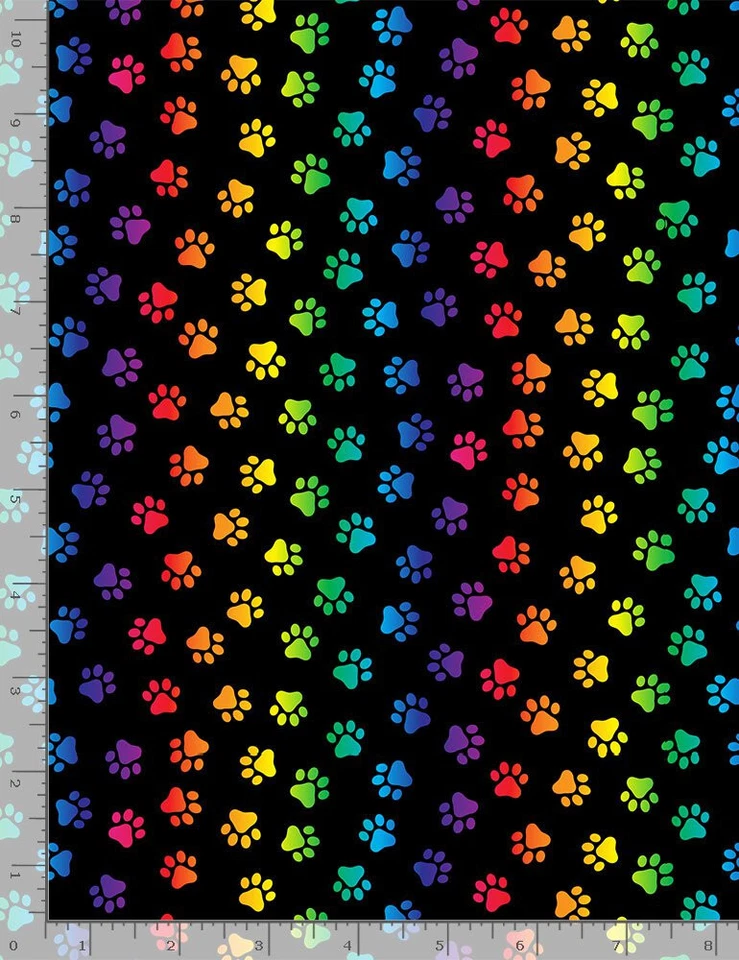 Cat Rainbow Paw Prints Fabric Black Cotton Timeless Treasures C8586 By Yard - Image 1 of 1