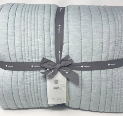 New~West Elm European Flax Linen Linework Quilt~Full Queen~Silver Mist - Image 1 of 2