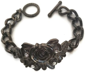 WASHED UP HOLLYWOOD PEWTER SILVER FINISH CRYSTAL ROSE CHAINLINK BRACELET SIZE 8" - Picture 1 of 2