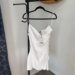 Zara WHITE MINI Ruched DRESS Sparkle straps M - Picture 1 of 8