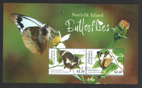 AUSTRALIA NORFOLK ISLAND 2021 BUTTERFLIES SOUVENIR SHEET OF 2 STAMPS FINE USED Cover